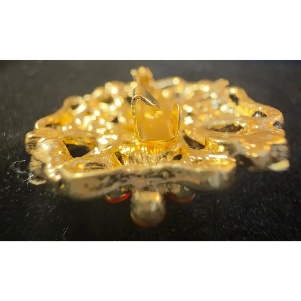 VTG Gold-Tone Ruby Red Rhinestone Floral Spray Brooch Berry Cluster Statement